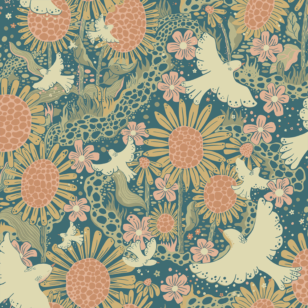 Drömma Teal Songbirds and Sunflowers Wallpaper by A-Street Prints Briony Covers about 57.5 square feet 20.9-in by 33-ft long roll Unpasted 20.9 - Fabric Carolina -