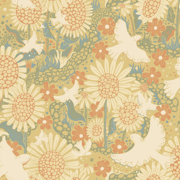 Drömma Coral Songbirds and Sunflowers Wallpaper by A-Street Prints Designer
