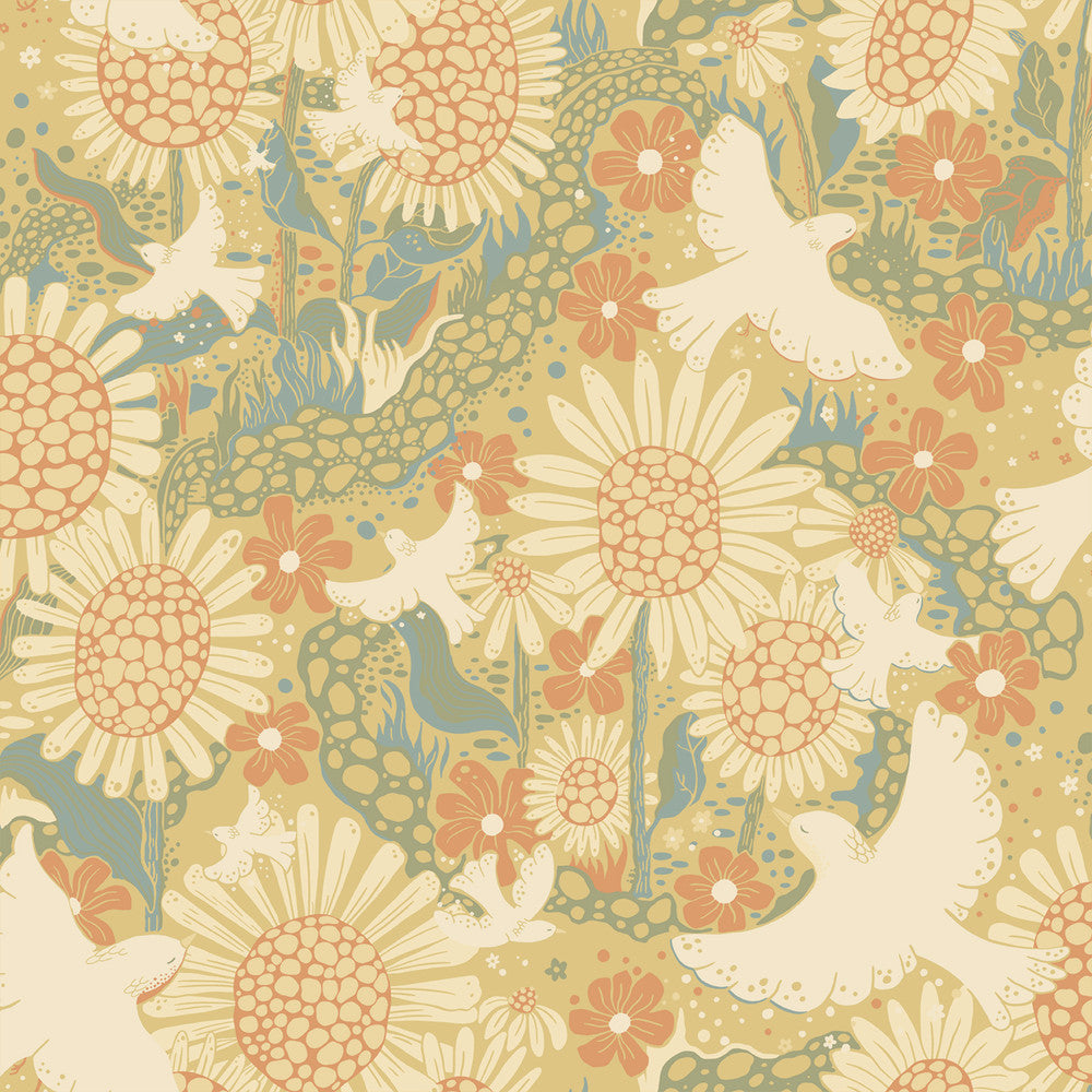 Drömma Coral Songbirds and Sunflowers Wallpaper by A-Street Prints Briony Covers about 57.5 square feet 20.9-in by 33-ft long roll Unpasted 20.9 - Fabric Carolina -