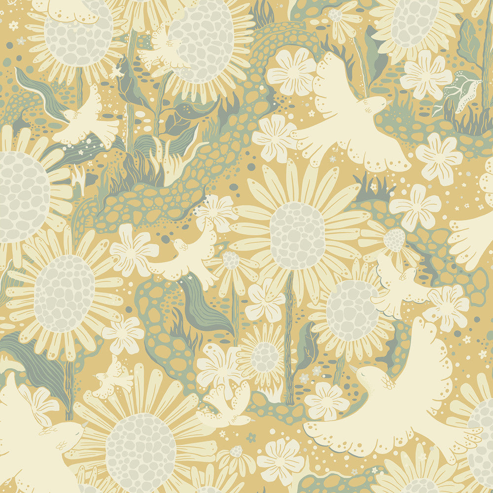 Drömma Butter Songbirds and Sunflowers Wallpaper by A-Street Prints Briony Covers about 57.5 square feet 20.9-in by 33-ft long roll Unpasted 20.9 - Fabric Carolina -
