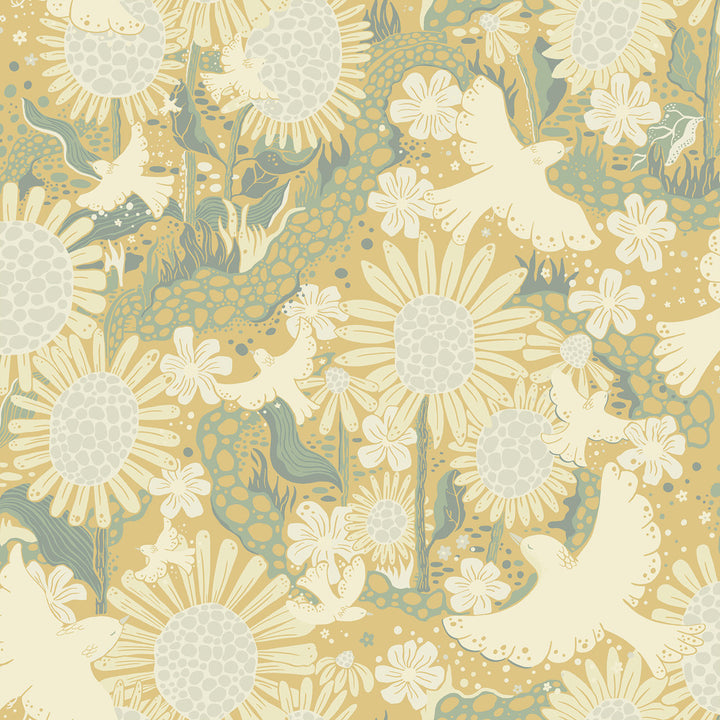 Drömma Butter Songbirds and Sunflowers Wallpaper by A-Street Prints Briony Covers about 57.5 square feet 20.9-in by 33-ft long roll Unpasted 20.9 - Fabric Carolina -