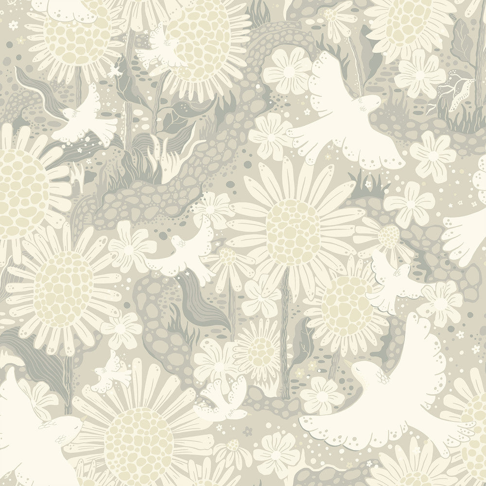Drömma Light Grey Songbirds and Sunflowers Wallpaper by A-Street Prints Briony Covers about 57.5 square feet 20.9-in by 33-ft long roll Unpasted 20.9 - Fabric Carolina -