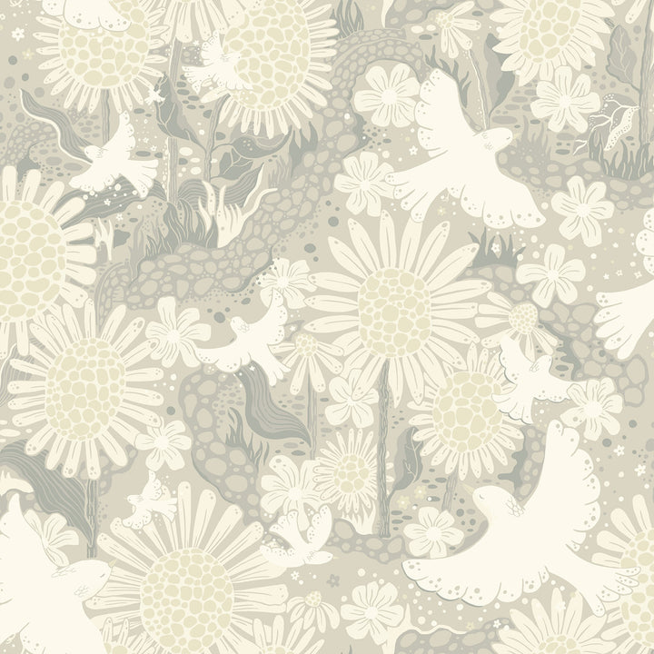 Drömma Light Grey Songbirds and Sunflowers Wallpaper by A-Street Prints Briony Covers about 57.5 square feet 20.9-in by 33-ft long roll Unpasted 20.9 - Fabric Carolina -