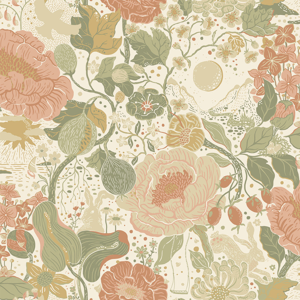 Växa Green Rabbits & Rosehips Wallpaper by A-Street Prints Briony Covers about 57.5 square feet 20.9-in by 33-ft long roll Unpasted 20.9 - Fabric Carolina -