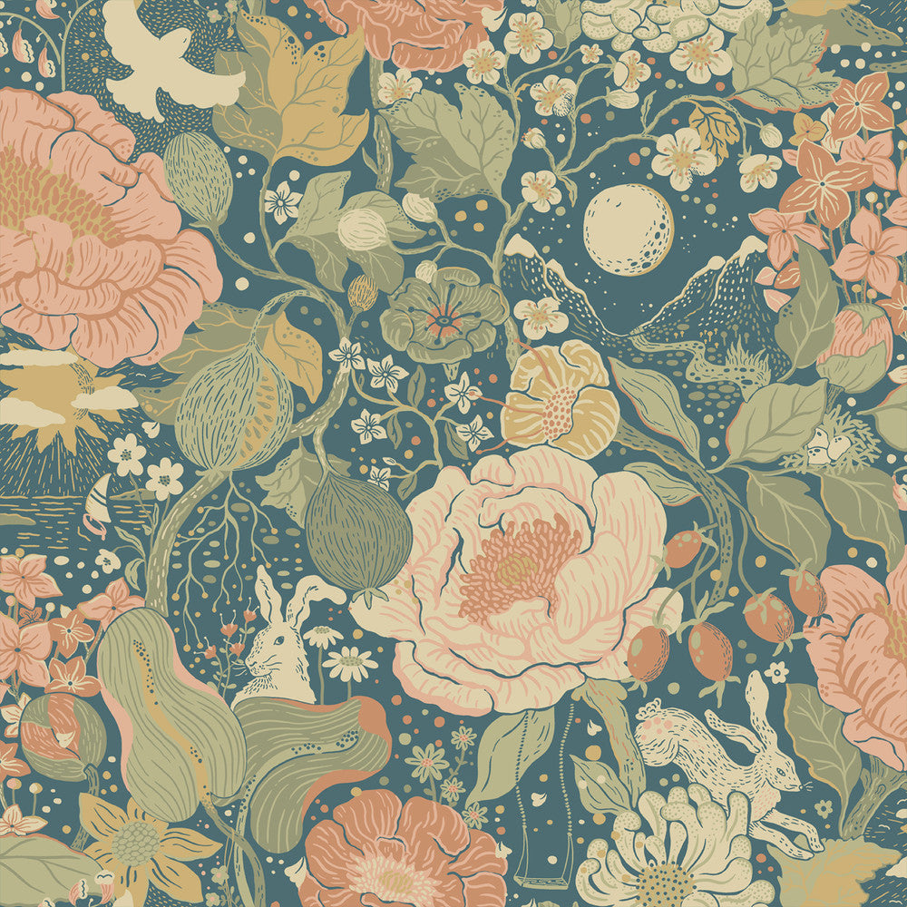 Växa Teal Rabbits & Rosehips Wallpaper by A-Street Prints Briony Covers about 57.5 square feet 20.9-in by 33-ft long roll Unpasted 20.9 - Fabric Carolina -