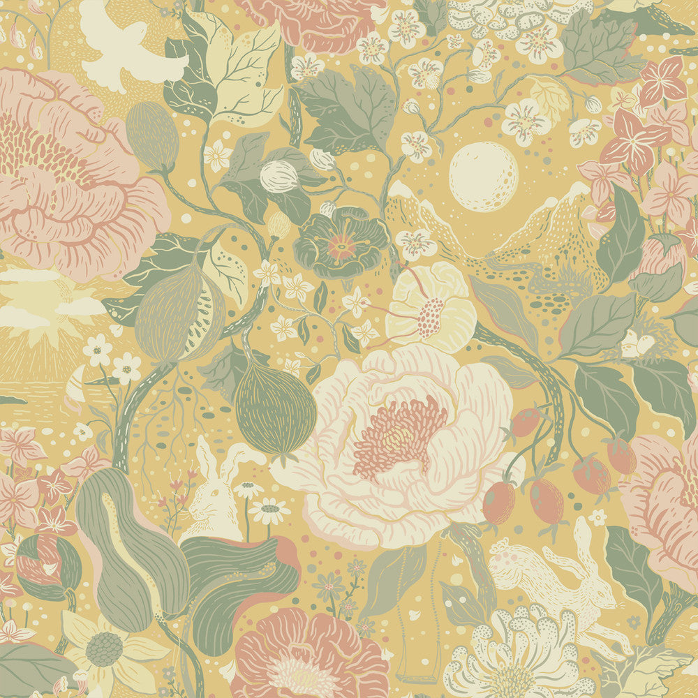 Växa Butter Rabbits & Rosehips Wallpaper by A-Street Prints Briony Covers about 57.5 square feet 20.9-in by 33-ft long roll Unpasted 20.9 - Fabric Carolina -