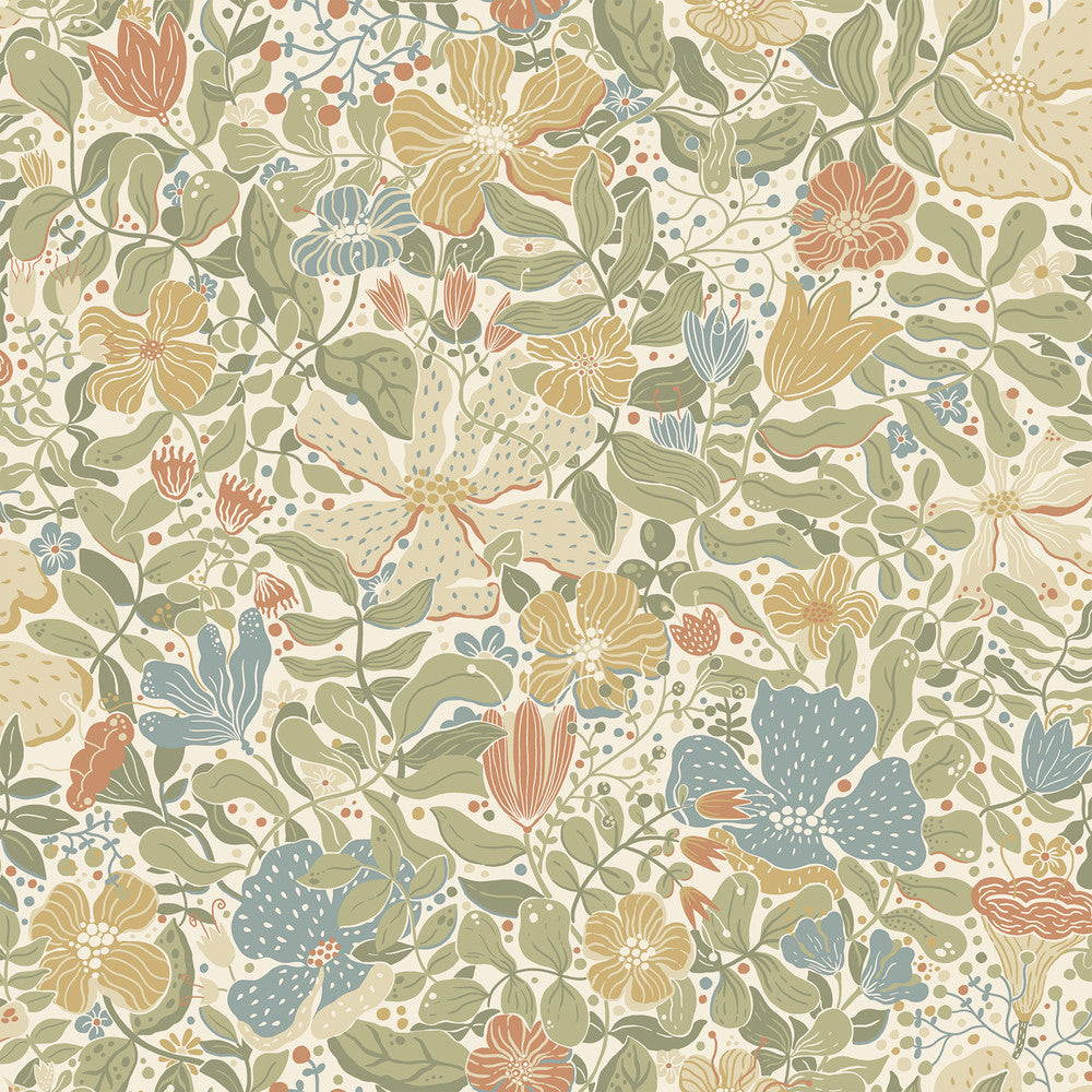 Midsommar Light Green Floral Medley Wallpaper by A-Street Prints Briony Covers about 57.5 square feet 20.9-in by 33-ft long roll Unpasted 20.9 - Fabric Carolina -