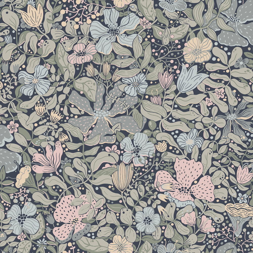 Midsommar Dark Blue Floral Medley Wallpaper by A-Street Prints Briony Covers about 57.5 square feet 20.9-in by 33-ft long roll Unpasted 20.9 - Fabric Carolina -