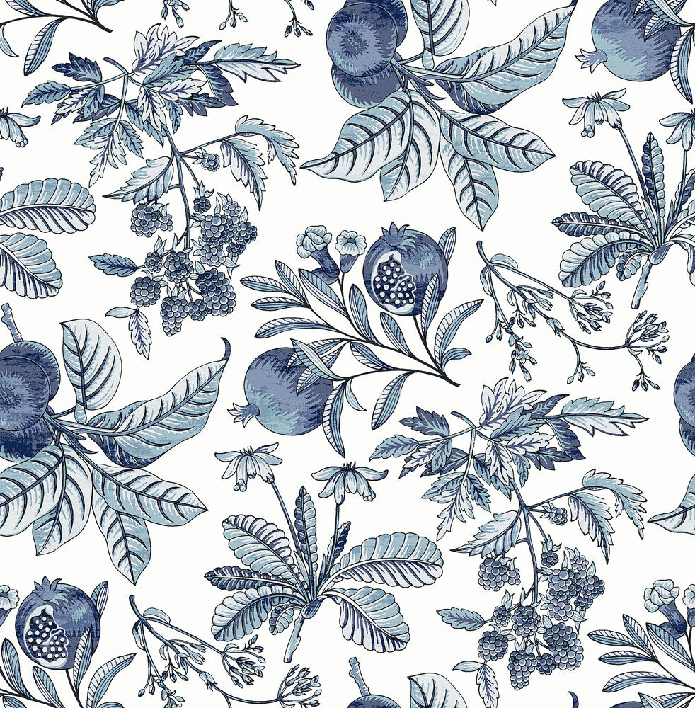 Cecilia Blue Fruit Wallpaper by A-Street Prints Middleton Covers about 56.4 square feet 20.5-in by 33-ft long roll Unpasted 20.9 - Fabric Carolina -
