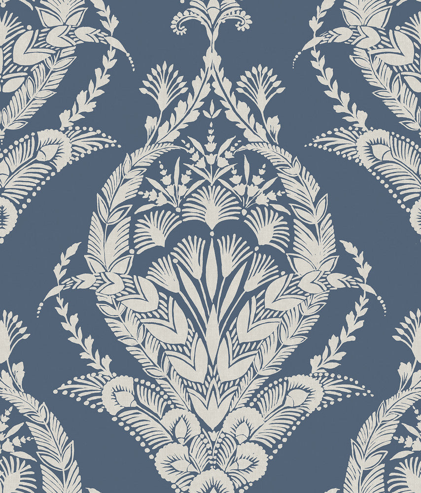 Arlie Indigo Botanical Damask Wallpaper by A-Street Prints Middleton Covers about 56.4 square feet 20.5-in by 33-ft long roll Unpasted 24 - Fabric Carolina -