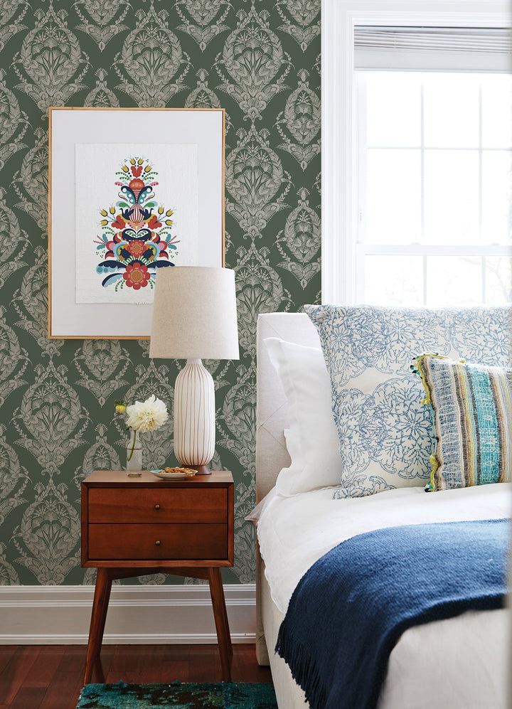 Arlie Evergreen Botanical Damask Wallpaper by A-Street Prints Designer