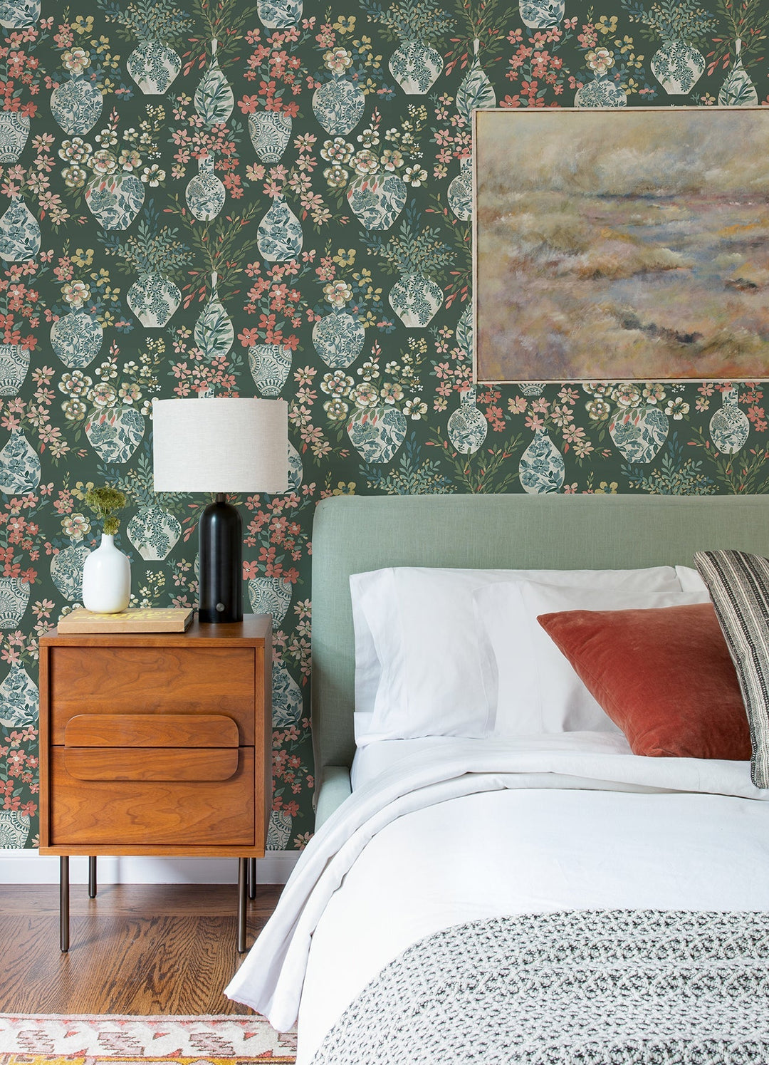 Harper Green Floral Vase Wallpaper by A-Street Prints Designer
