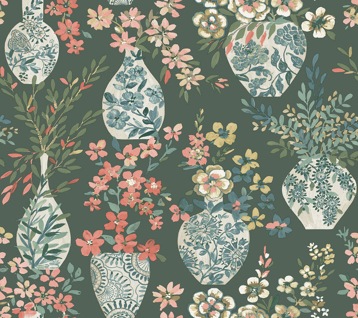 Harper Green Floral Vase Wallpaper by A-Street Prints Middleton Covers about 60.8 square feet 27-in by 27-ft long roll Unpasted 25.25 - Fabric Carolina -