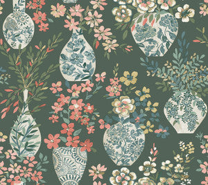 Harper Green Floral Vase Wallpaper by A-Street Prints