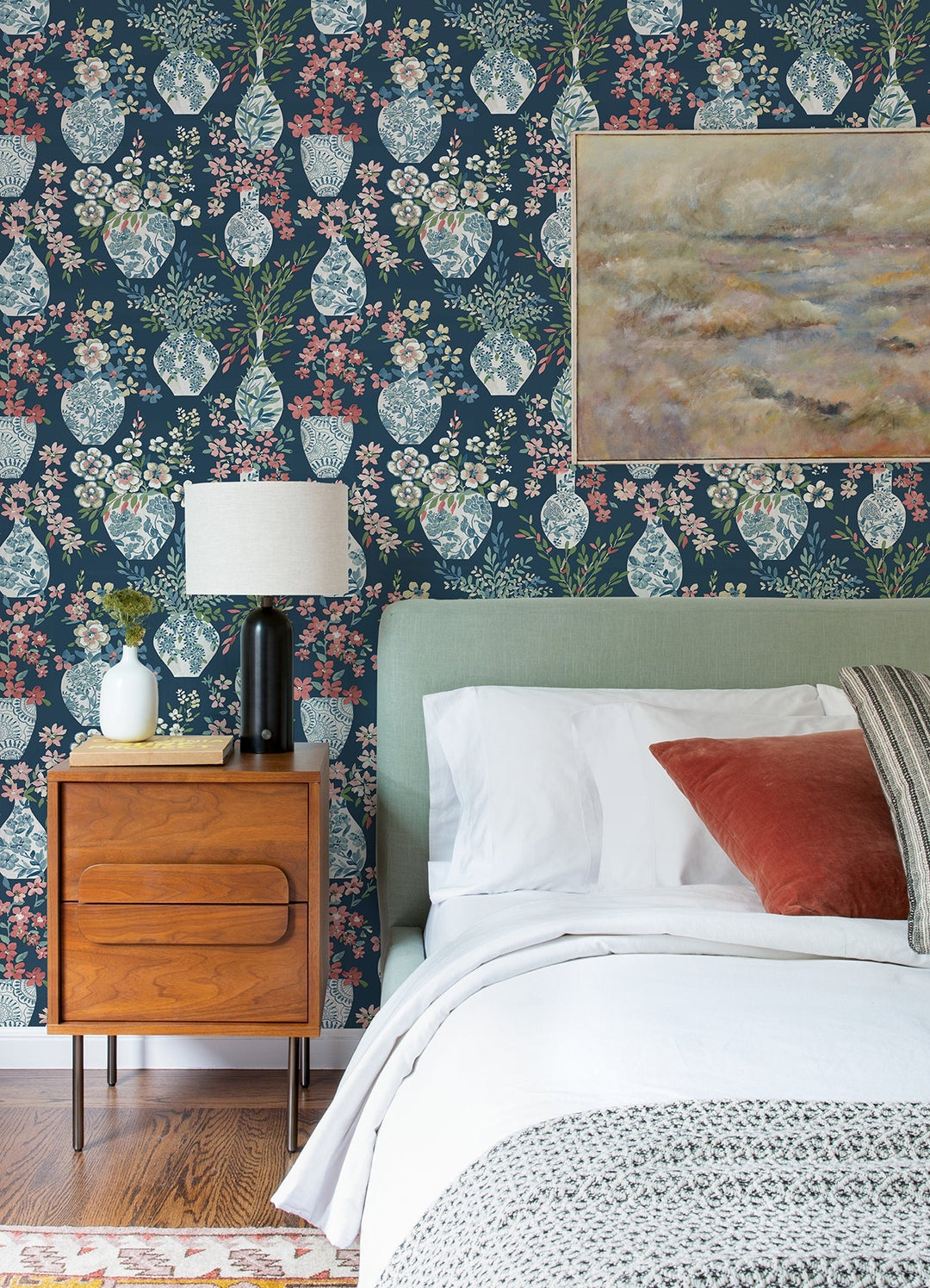 Harper Teal Floral Vase Wallpaper by A-Street Prints Designer