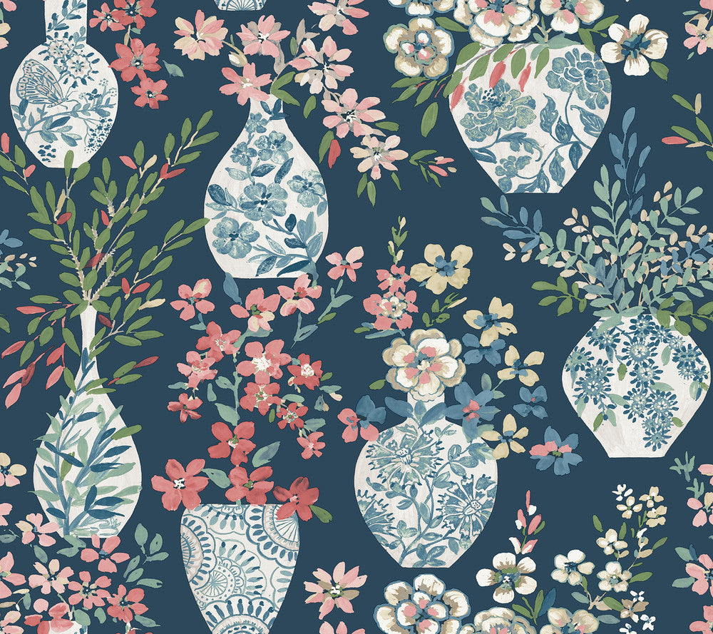 Harper Teal Floral Vase Wallpaper by A-Street Prints Middleton Covers about 60.8 square feet 27-in by 27-ft long roll Unpasted 25.25 - Fabric Carolina -