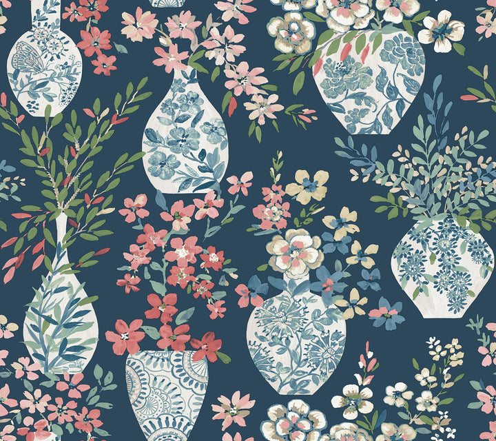 Harper Teal Floral Vase Wallpaper by A-Street Prints Middleton Covers about 60.8 square feet 27-in by 27-ft long roll Unpasted 25.25 - Fabric Carolina -