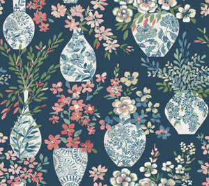Harper Teal Floral Vase Wallpaper by A-Street Prints