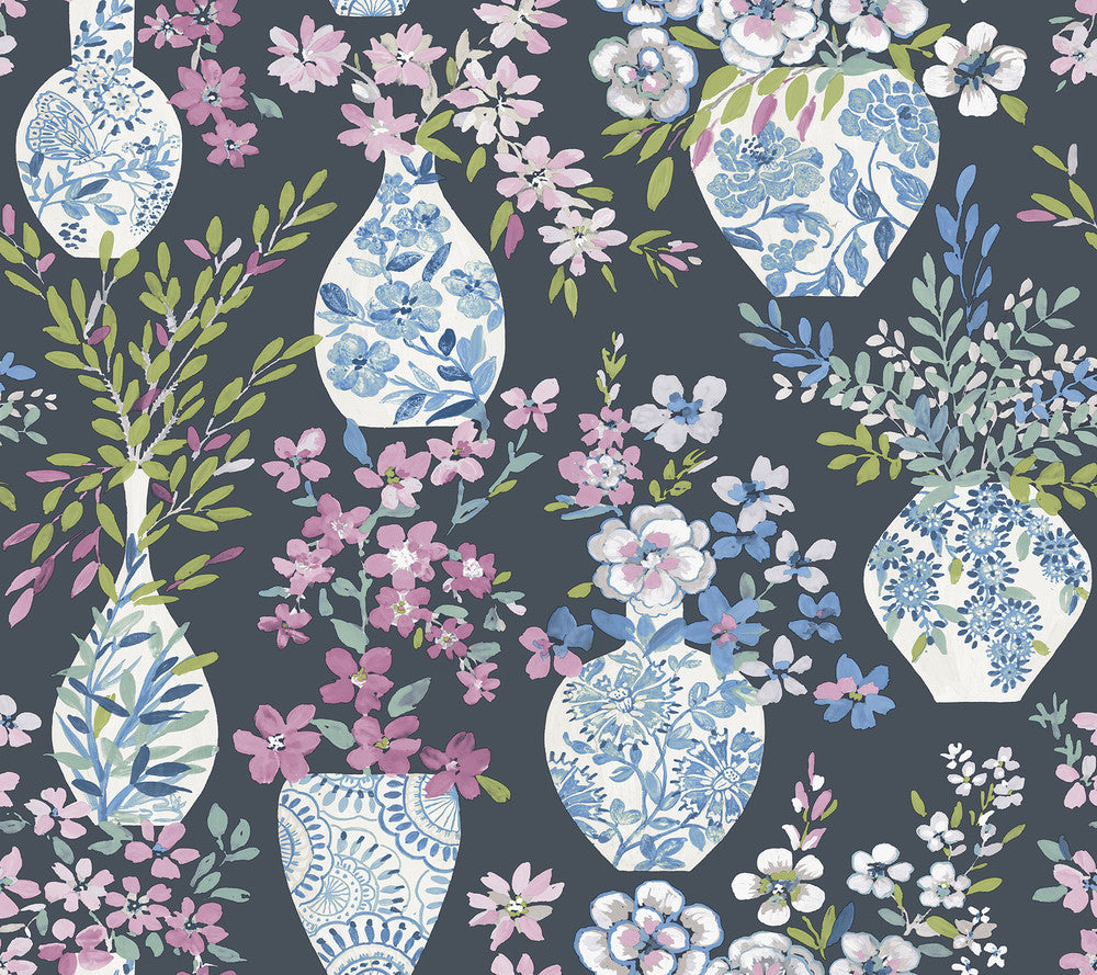 Harper Charcoal Floral Vase Wallpaper by A-Street Prints Middleton Covers about 60.8 square feet 27-in by 27-ft long roll Unpasted 25.25 - Fabric Carolina -