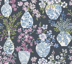 Harper Charcoal Floral Vase Wallpaper by A-Street Prints