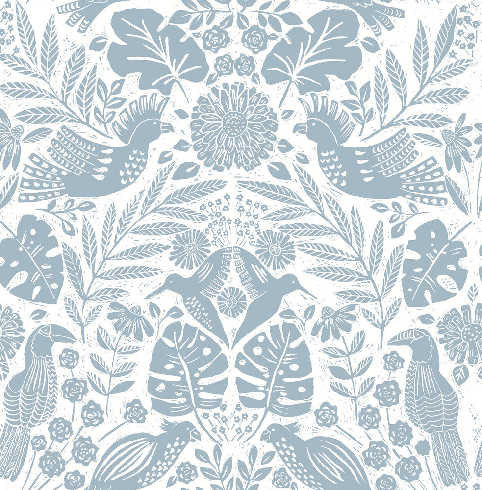 Nestle Blue Bird Block Print Wallpaper by A-Street Prints Terrace Covers about 56.4 square feet 20.5-in by 33-ft long roll Unpasted 20.86 - Fabric Carolina -