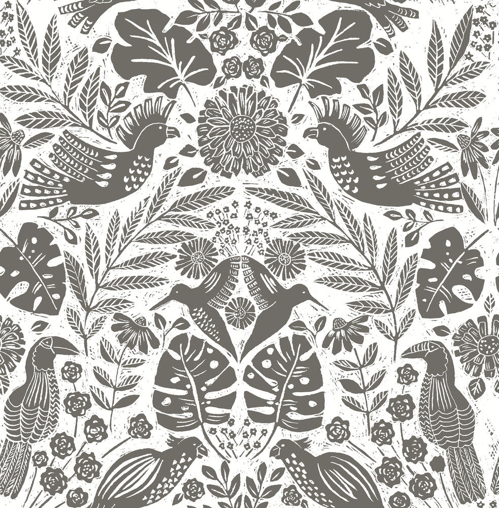 Nestle Charcoal Bird Block Print Wallpaper by A-Street Prints Terrace Covers about 56.4 square feet 20.5-in by 33-ft long roll Unpasted 20.86 - Fabric Carolina -