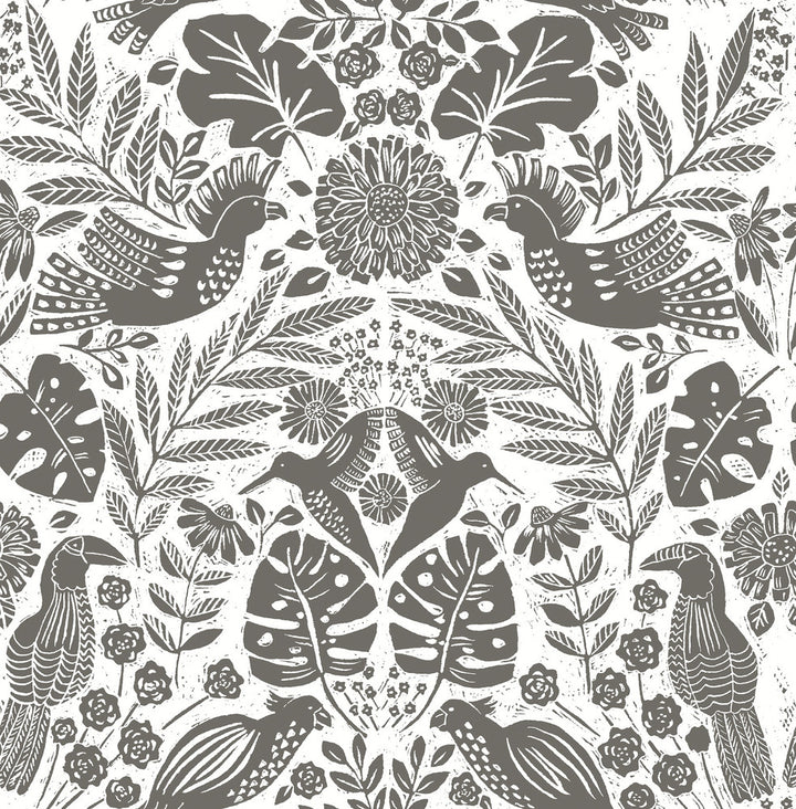 Nestle Charcoal Bird Block Print Wallpaper by A-Street Prints Terrace Covers about 56.4 square feet 20.5-in by 33-ft long roll Unpasted 20.86 - Fabric Carolina -
