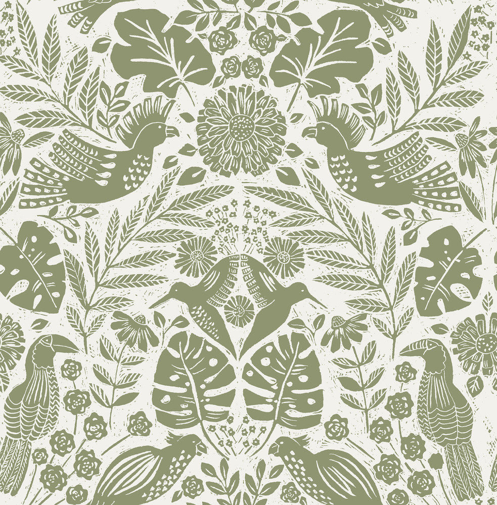 Nestle Green Bird Block Print Wallpaper by A-Street Prints Terrace Covers about 56.4 square feet 20.5-in by 33-ft long roll Unpasted 20.86 - Fabric Carolina -