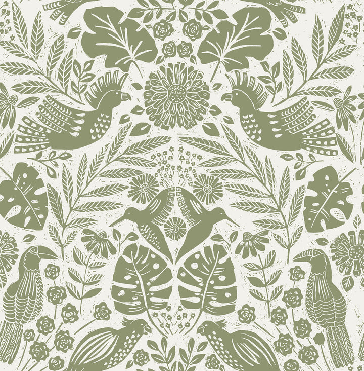 Nestle Green Bird Block Print Wallpaper by A-Street Prints Terrace Covers about 56.4 square feet 20.5-in by 33-ft long roll Unpasted 20.86 - Fabric Carolina -