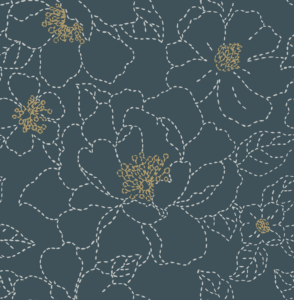 Gardena Indigo Embroidered Floral Wallpaper by A-Street Prints Terrace Covers about 56.4 square feet 20.5-in by 33-ft long roll Unpasted 20.86 - Fabric Carolina -