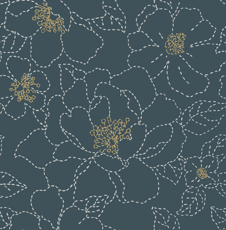 Gardena Indigo Embroidered Floral Wallpaper by A-Street Prints Terrace Covers about 56.4 square feet 20.5-in by 33-ft long roll Unpasted 20.86 - Fabric Carolina -