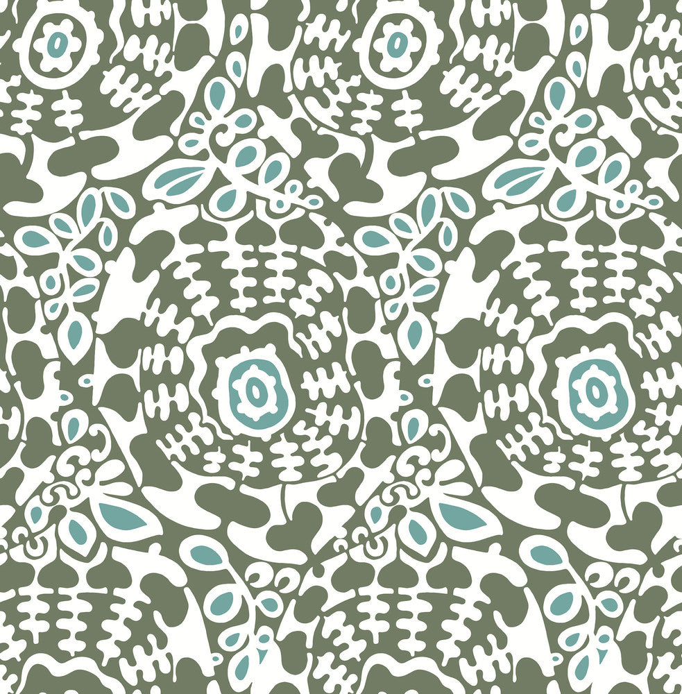 Divine Green Abstract Medallion Wallpaper by A-Street Prints Terrace Covers about 56.4 square feet 20.5-in by 33-ft long roll Unpasted 20.86 - Fabric Carolina -