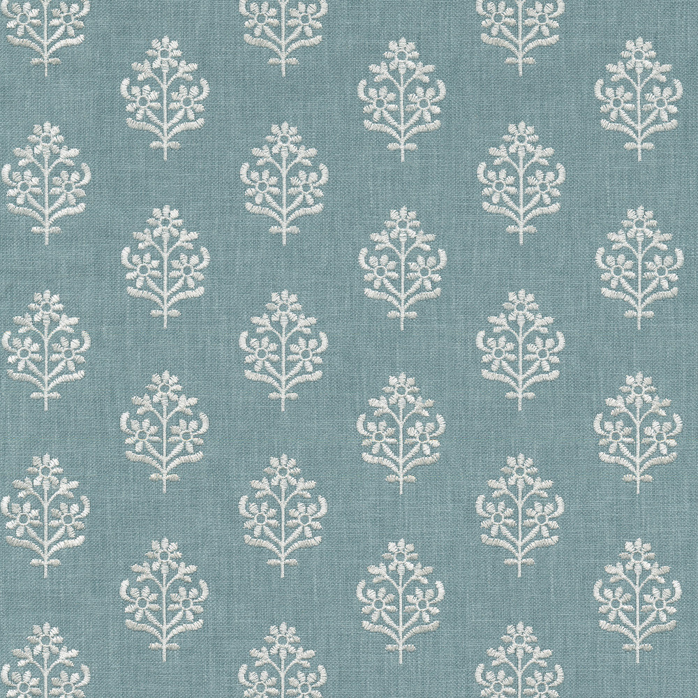 Floral Sprig Emb Chambray 412384 by PKL Studio Fabric Base 50% polyester, 50% cotton Emb: 100% polyester India 6000 Horizontal: 4.5 and Vertical: 3 55 - Fabric Carolina -