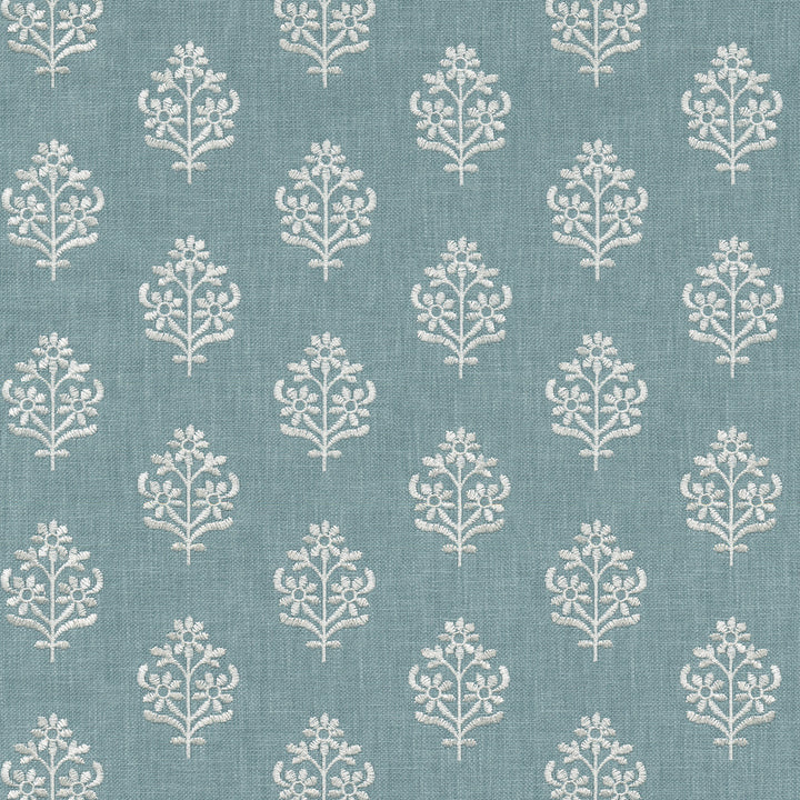 Floral Sprig Emb Chambray 412384 by PKL Studio Fabric Base 50% polyester, 50% cotton Emb: 100% polyester India 6000 Horizontal: 4.5 and Vertical: 3 55 - Fabric Carolina -
