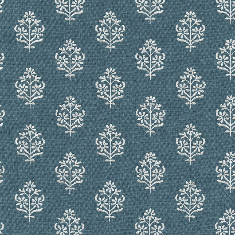 Floral Sprig Emb Indigo 412385 by PKL Studio Designer Fabric Base 50% polyester, 50% cotton Emb: 100% polyester India 6000 Horizontal: 4.5 and Vertical: 3 55 - Swanky Fabrics -
