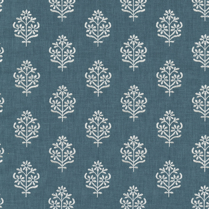 Floral Sprig Emb Indigo 412385 by PKL Studio Designer Fabric Base 50% polyester, 50% cotton Emb: 100% polyester India 6000 Horizontal: 4.5 and Vertical: 3 55 - Swanky Fabrics -