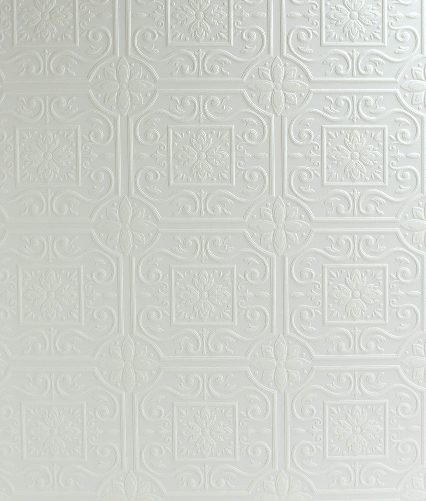 Ibold White Tin Ceiling Scroll Paintable Wallpaper by Chesapeake Wildflower Covers about 56.4 square feet 20.5-in by 33-ft long roll Prepasted 6.25 - Fabric Carolina -