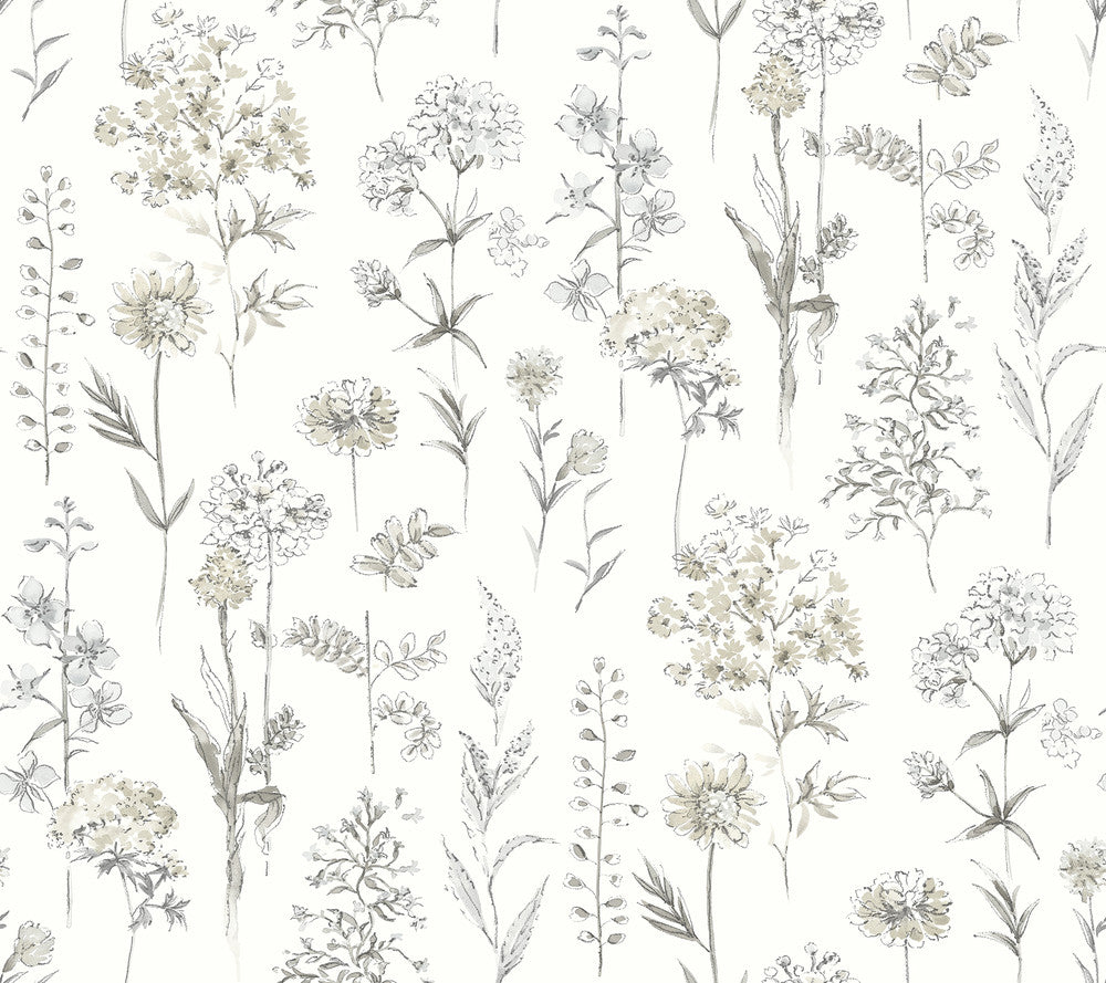 Bergamot Light Grey Wildflower Wallpaper by Chesapeake Wildflower Covers about 60.8 square feet 27-in by 27-ft long roll Prepasted 0 - Fabric Carolina -
