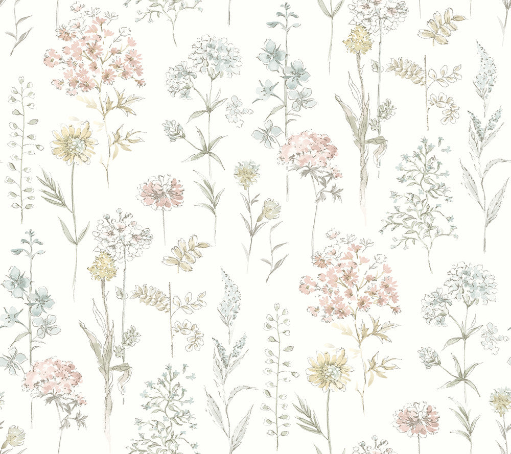 Bergamot Pastel Wildflower Wallpaper by Chesapeake Wildflower Covers about 60.8 square feet 27-in by 27-ft long roll Prepasted 0 - Fabric Carolina -