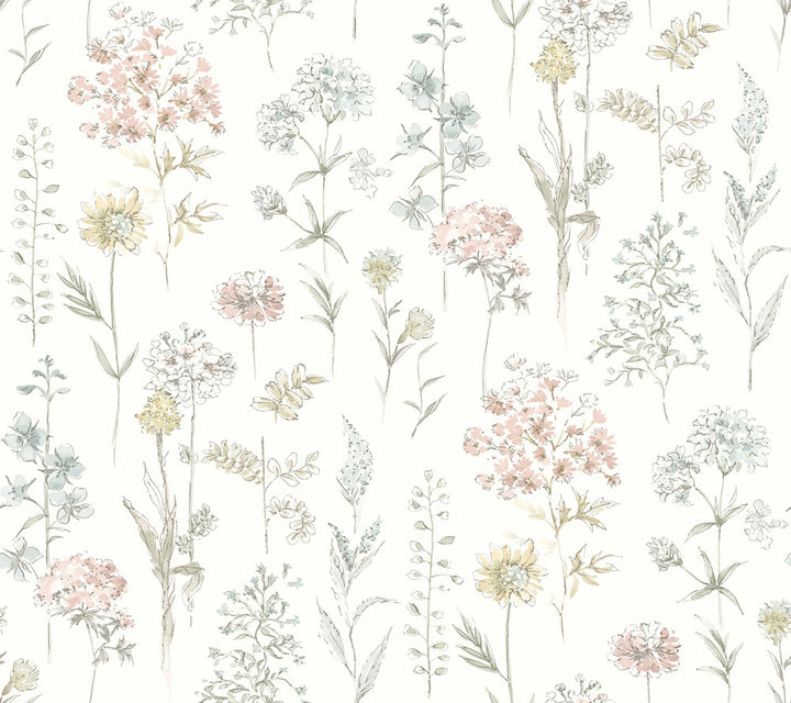 Bergamot Pastel Wildflower Wallpaper by Chesapeake Wildflower Covers about 60.8 square feet 27-in by 27-ft long roll Prepasted 0 - Fabric Carolina -