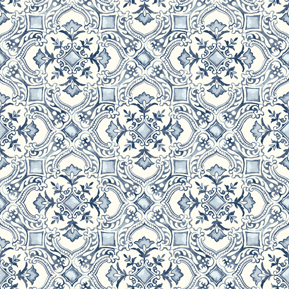 Marjoram Blue Floral Tile Wallpaper by Chesapeake Wildflower Covers about 56.4 square feet 20.5-in by 33-ft long roll Prepasted 20.5 - Fabric Carolina -