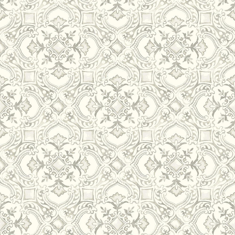 Marjoram Light Grey Floral Tile Wallpaper by Chesapeake Wildflower Covers about 56.4 square feet 20.5-in by 33-ft long roll Prepasted 20.5 - Fabric Carolina -