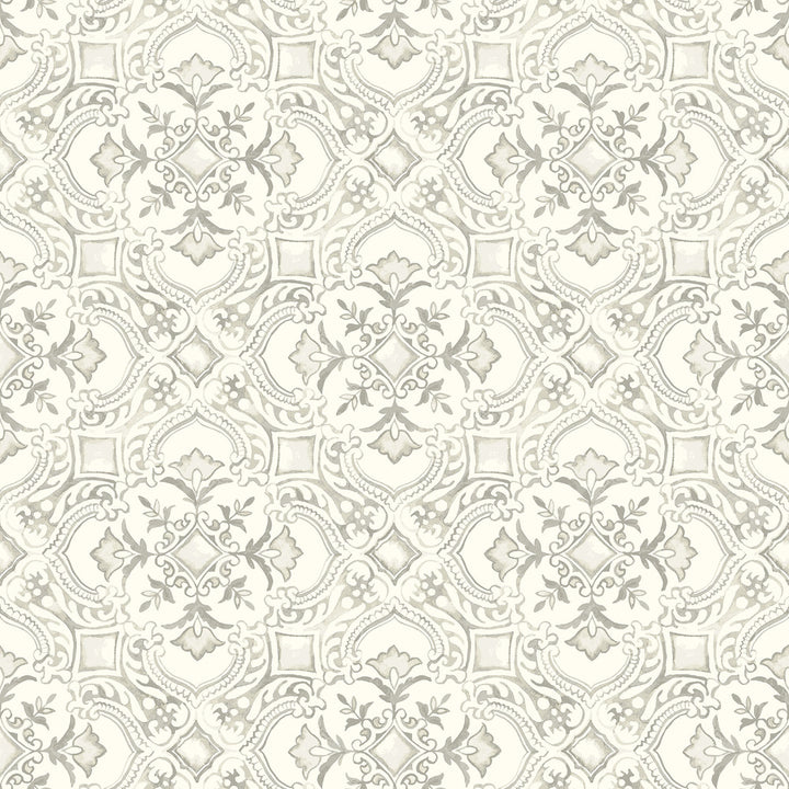 Marjoram Light Grey Floral Tile Wallpaper by Chesapeake Wildflower Covers about 56.4 square feet 20.5-in by 33-ft long roll Prepasted 20.5 - Fabric Carolina -