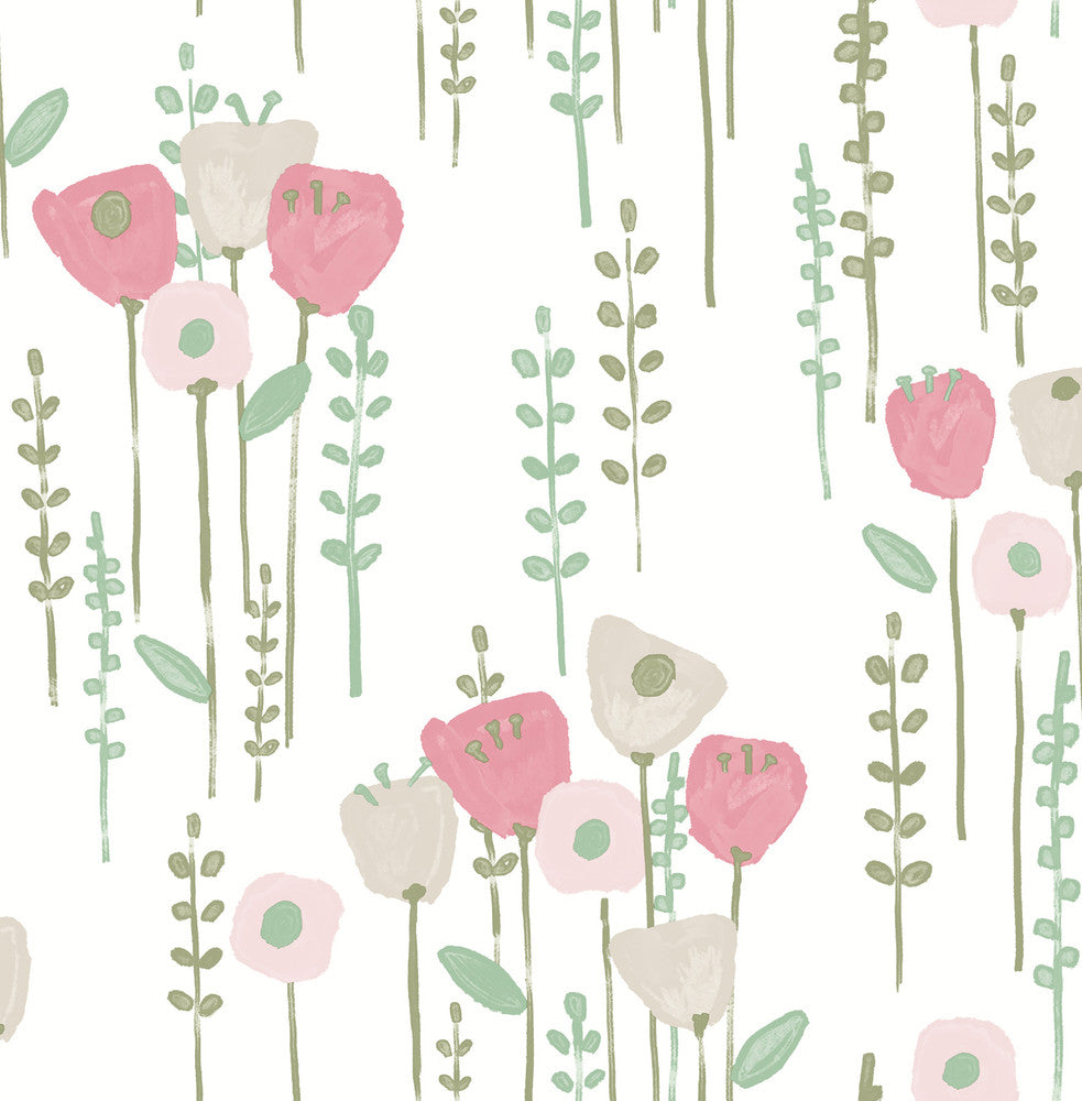 Mabel Pink Floral Field Wallpaper by A-Street Prints Whimsy Covers about 56.4 square feet 20.5-in by 33-ft long roll Unpasted 10.4 - Fabric Carolina -
