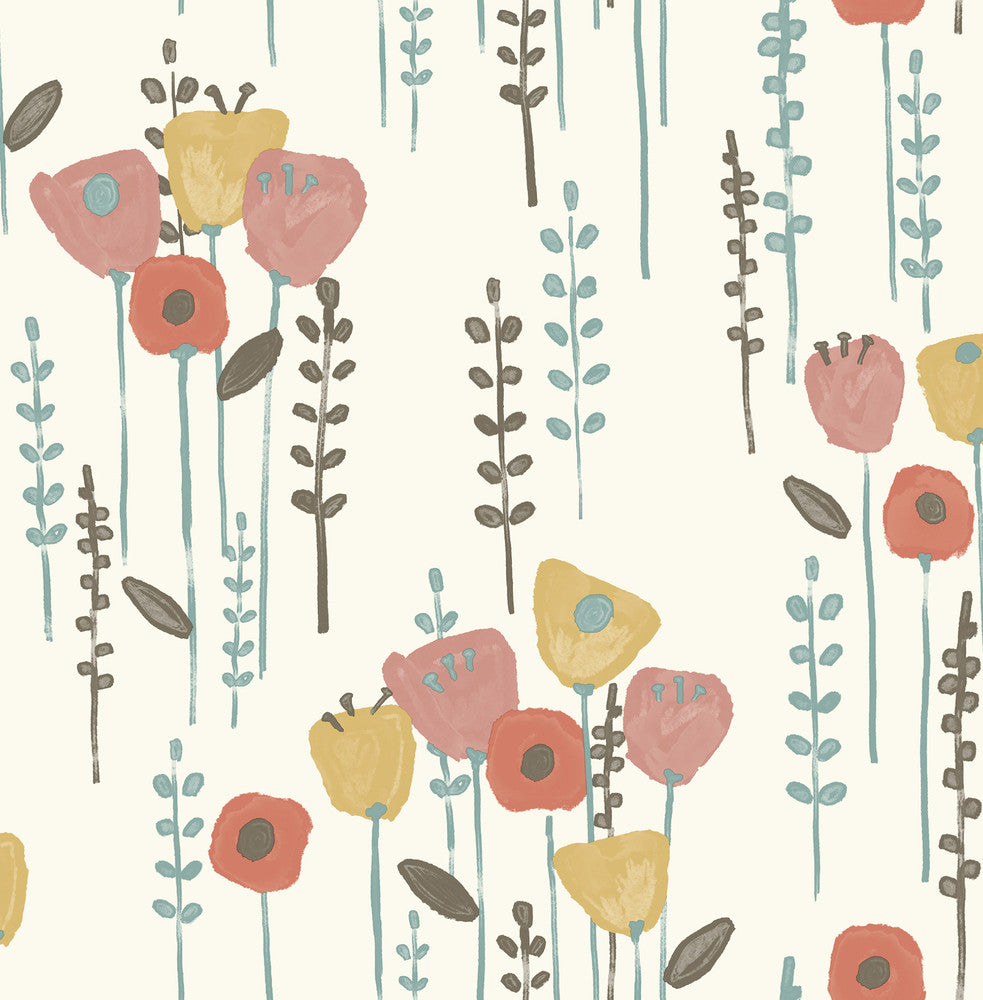 Mabel Coral Floral Field Wallpaper by A-Street Prints Whimsy Covers about 56.4 square feet 20.5-in by 33-ft long roll Unpasted 10.4 - Fabric Carolina -