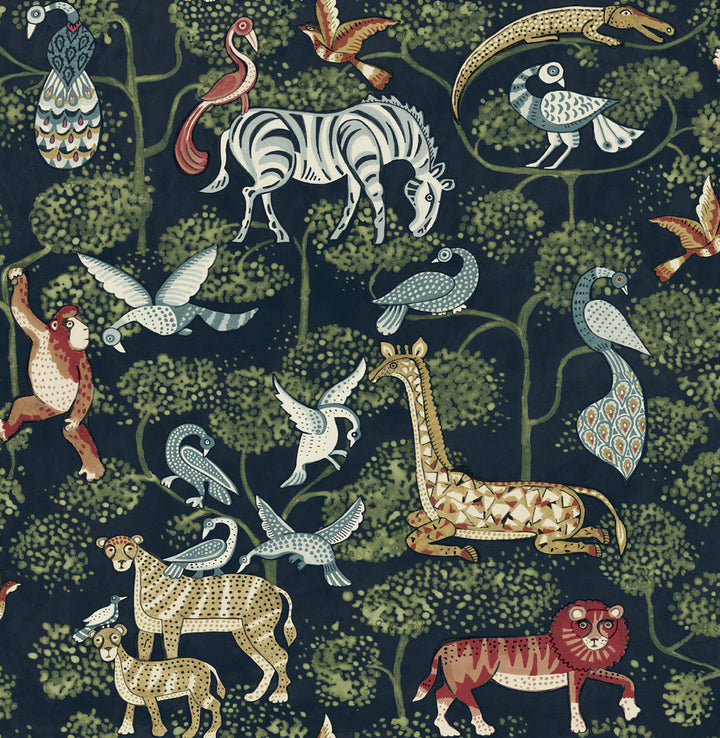 Rigby Navy Jungle Animals Wallpaper by A-Street Prints Whimsy Covers about 56.4 square feet 20.5-in by 33-ft long roll Unpasted 10.4 - Fabric Carolina -