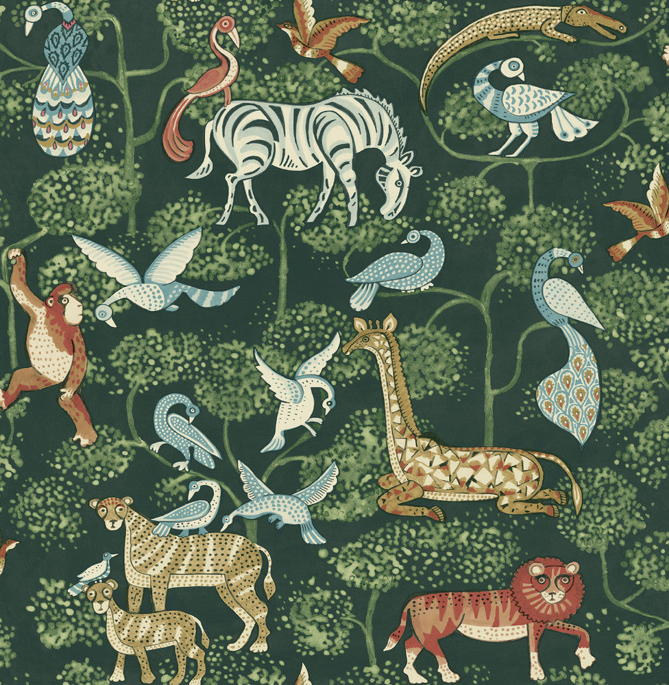 Rigby Green Jungle Animals Wallpaper by A-Street Prints Whimsy Covers about 56.4 square feet 20.5-in by 33-ft long roll Unpasted 10.4 - Fabric Carolina -