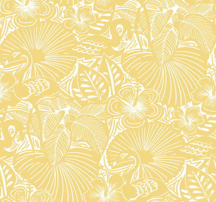Idalia Yellow Floral Flamingo Wallpaper by A-Street Prints Whimsy Covers about 60.8 square feet 27-in by 27-ft long roll Unpasted 25.25 - Fabric Carolina -