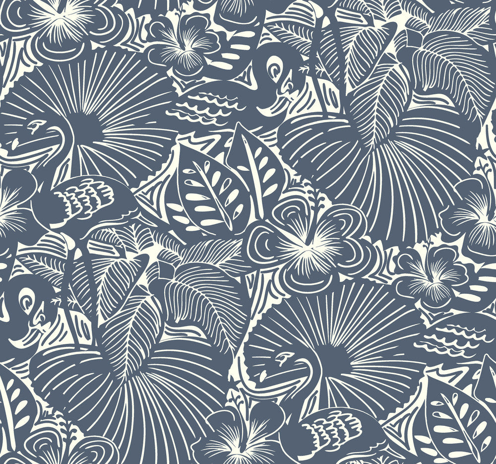 Idalia Navy Floral Flamingo Wallpaper by A-Street Prints Whimsy Covers about 60.8 square feet 27-in by 27-ft long roll Unpasted 25.25 - Fabric Carolina -