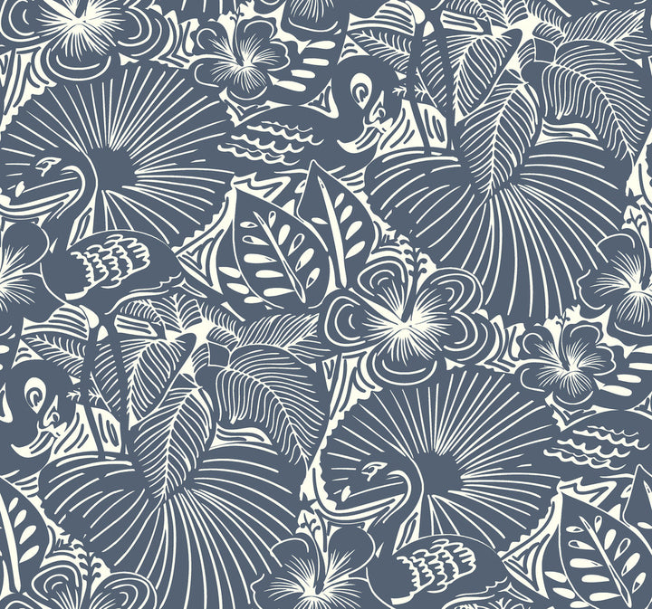 Idalia Navy Floral Flamingo Wallpaper by A-Street Prints Whimsy Covers about 60.8 square feet 27-in by 27-ft long roll Unpasted 25.25 - Fabric Carolina -